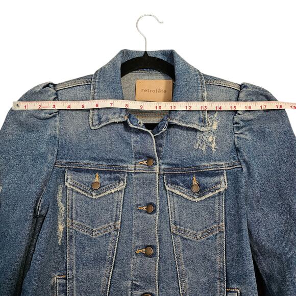 Retrofete Ada Puff Sleeve Pad Shoulder Denim Jean Jacket Small Worn Vintage Blue - Picture 7 of 13